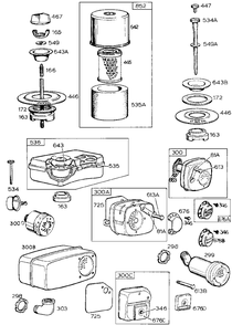 Air Cleaner Groups, Mufflers Diagram and Parts List for 130232-0316-XX  Briggs and Stratton Engine